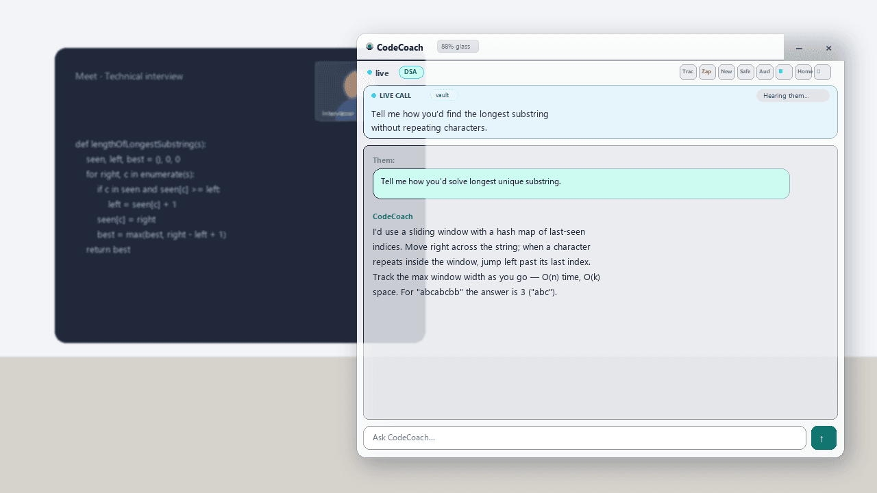 Candidate in a video interview with CodeCoach Live Call HUD showing a spoken answer draft