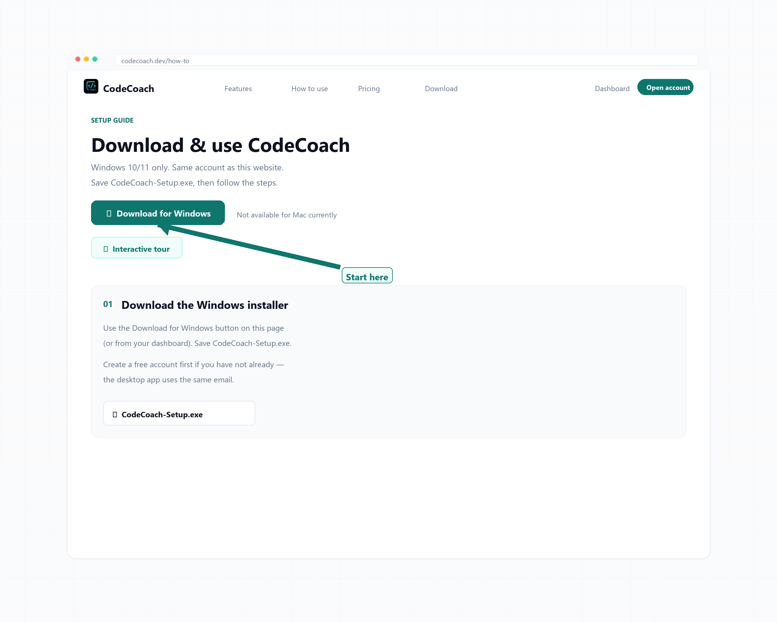 CodeCoach how-to download step — Download for Windows button