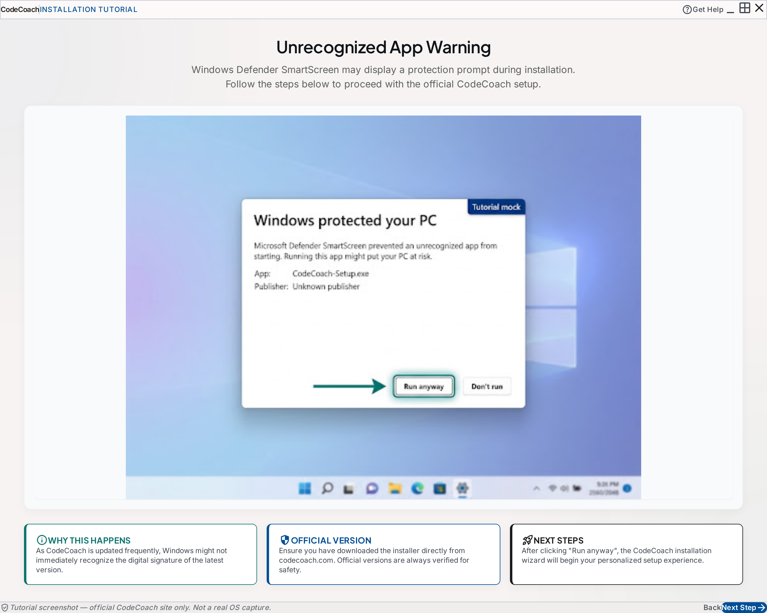 Tutorial mock showing Run anyway on an unsigned app warning