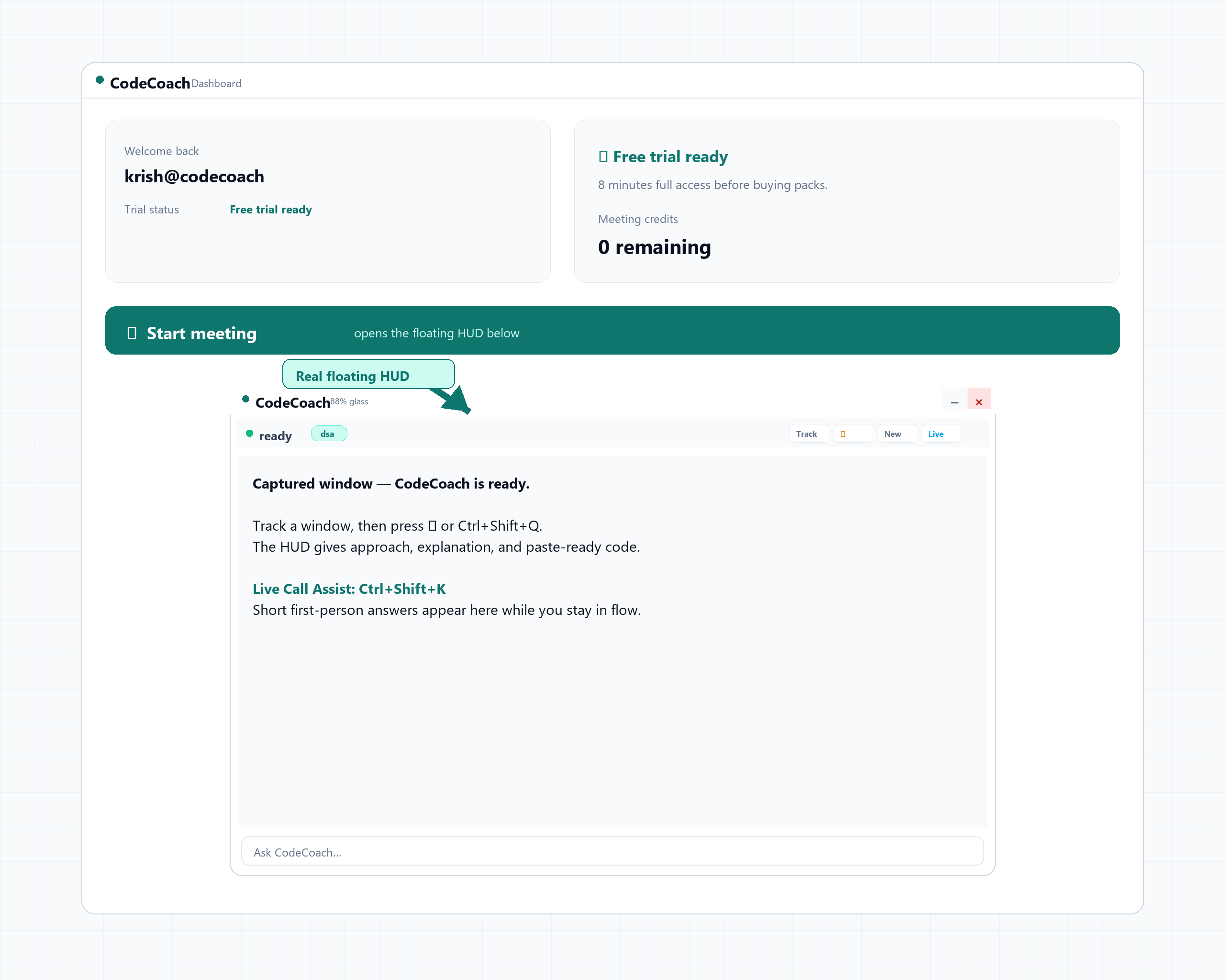 CodeCoach Home dashboard with Start meeting and HUD preview