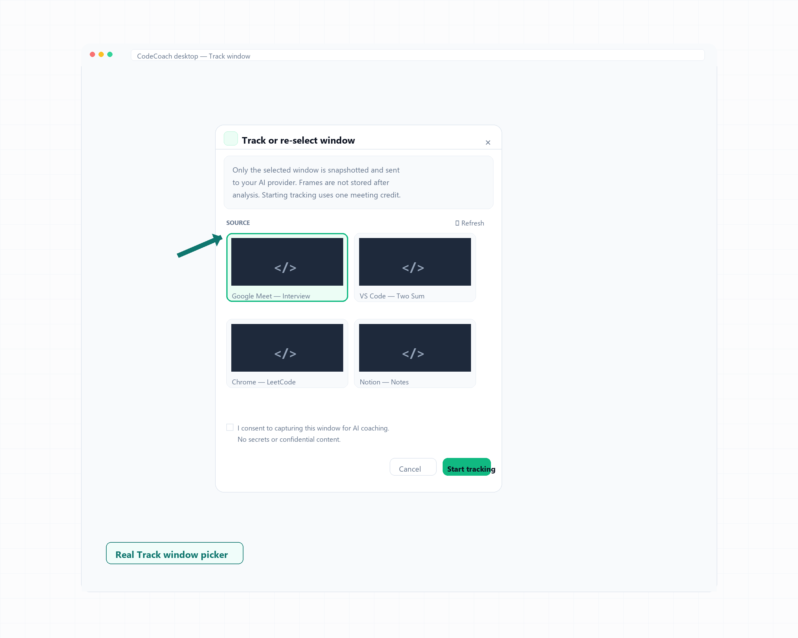 Track or re-select window modal matching the desktop app
